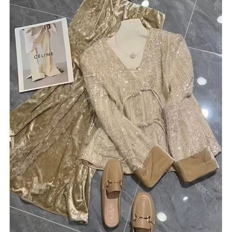2082B High-quality small fragrance atmosphere suit autumn sequined jacket paired with gold velvet long skirt