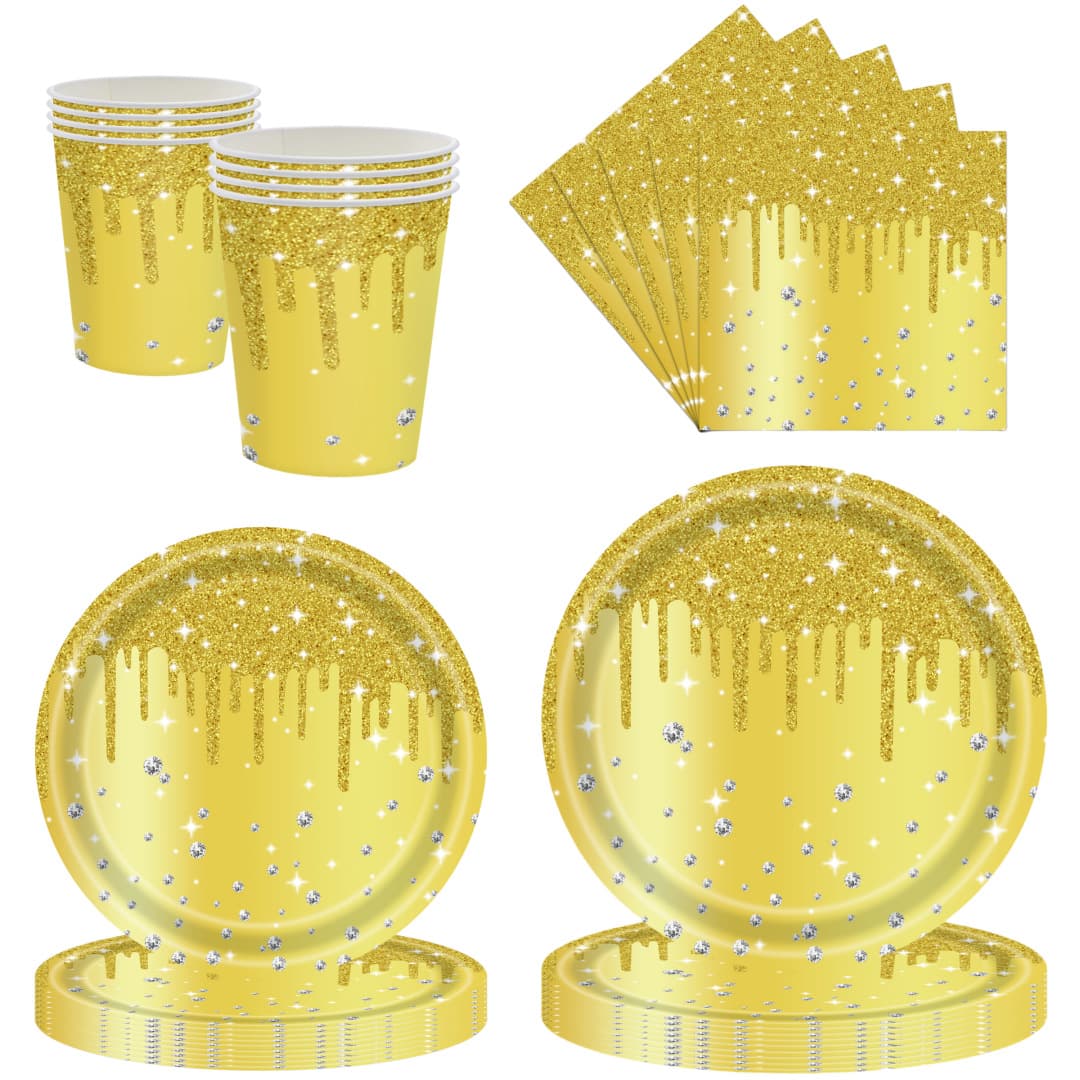 Gold Diamond Birthday Party Paper Plate Set Glitter Girl Wedding Disposable Plates Cups Napkins Supplies