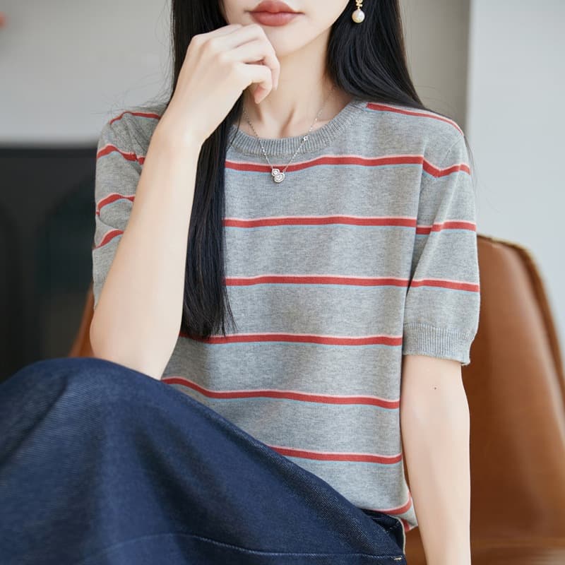 Spring Summer New 100% Cotton Yarn Round Neck Knit Short Sleeve Color Block Stripe Loose Base Tee Top