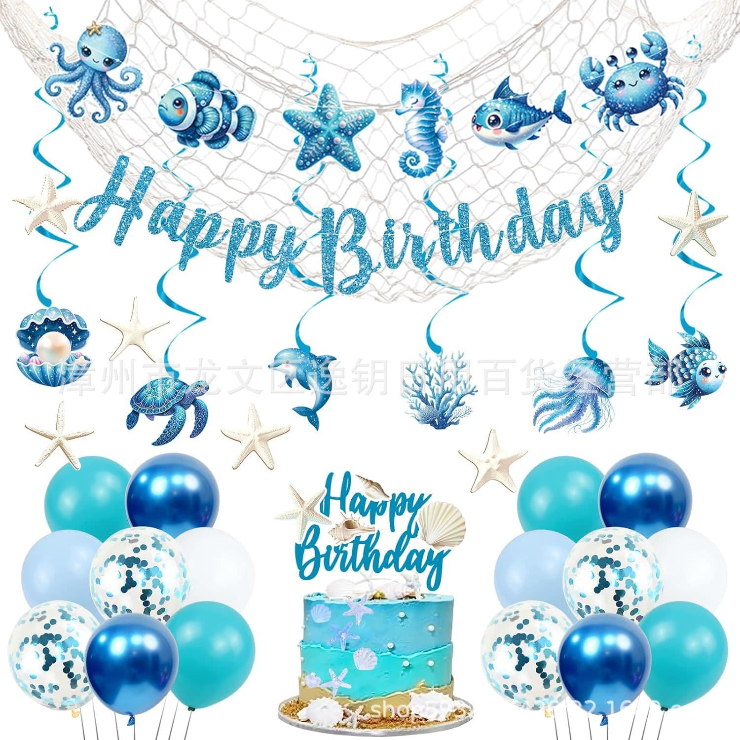 Ocean Birthday Party Decorations, Underwater Shells, Starfish, Turtle Octopus Birthday Banner Cake Topper Balloons, Fishing Net