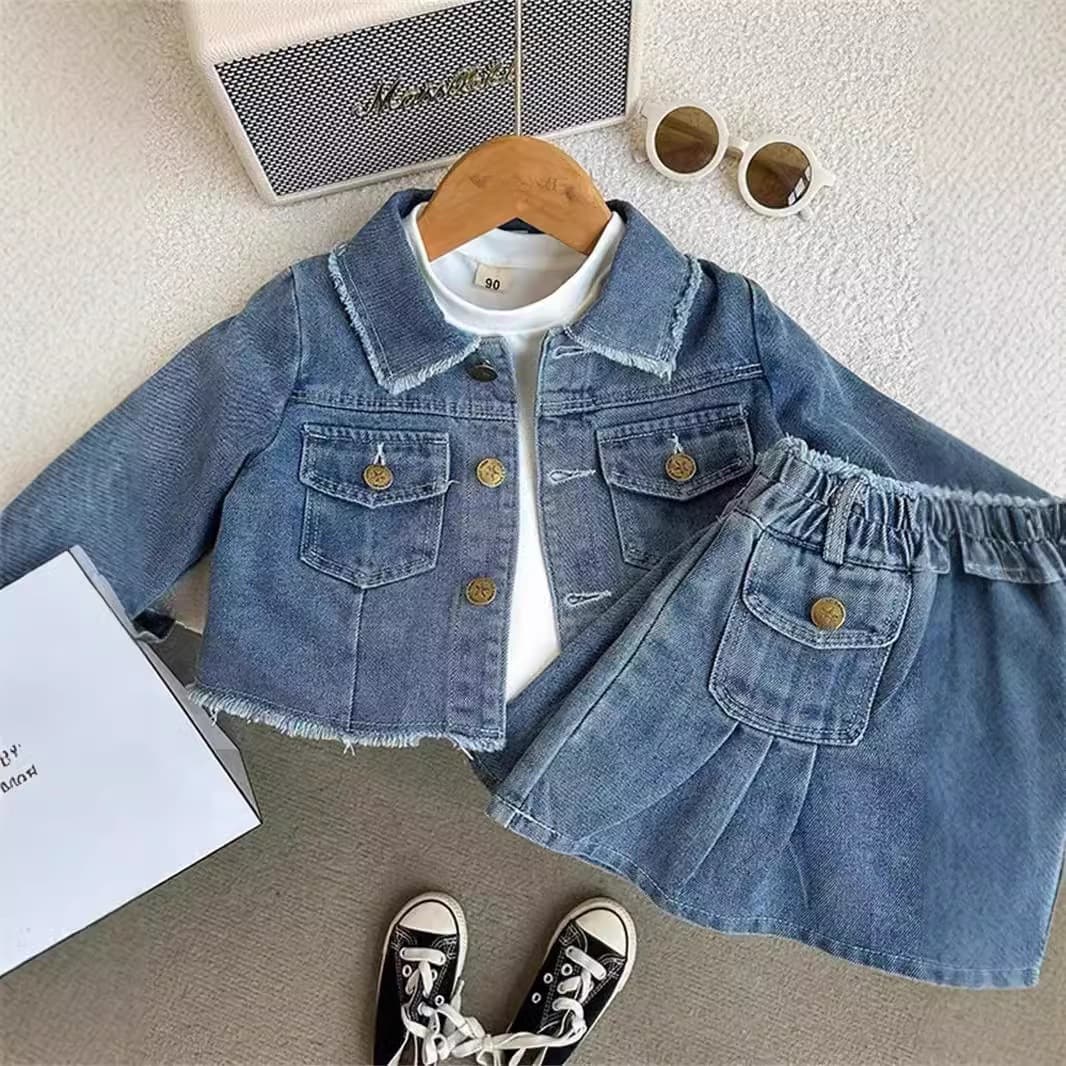 2026 Korean-style Girls Denim Jacket Retro Turn-down Collar Long Sleeve Pleated Skirt Set Fashionable Two-piece Set