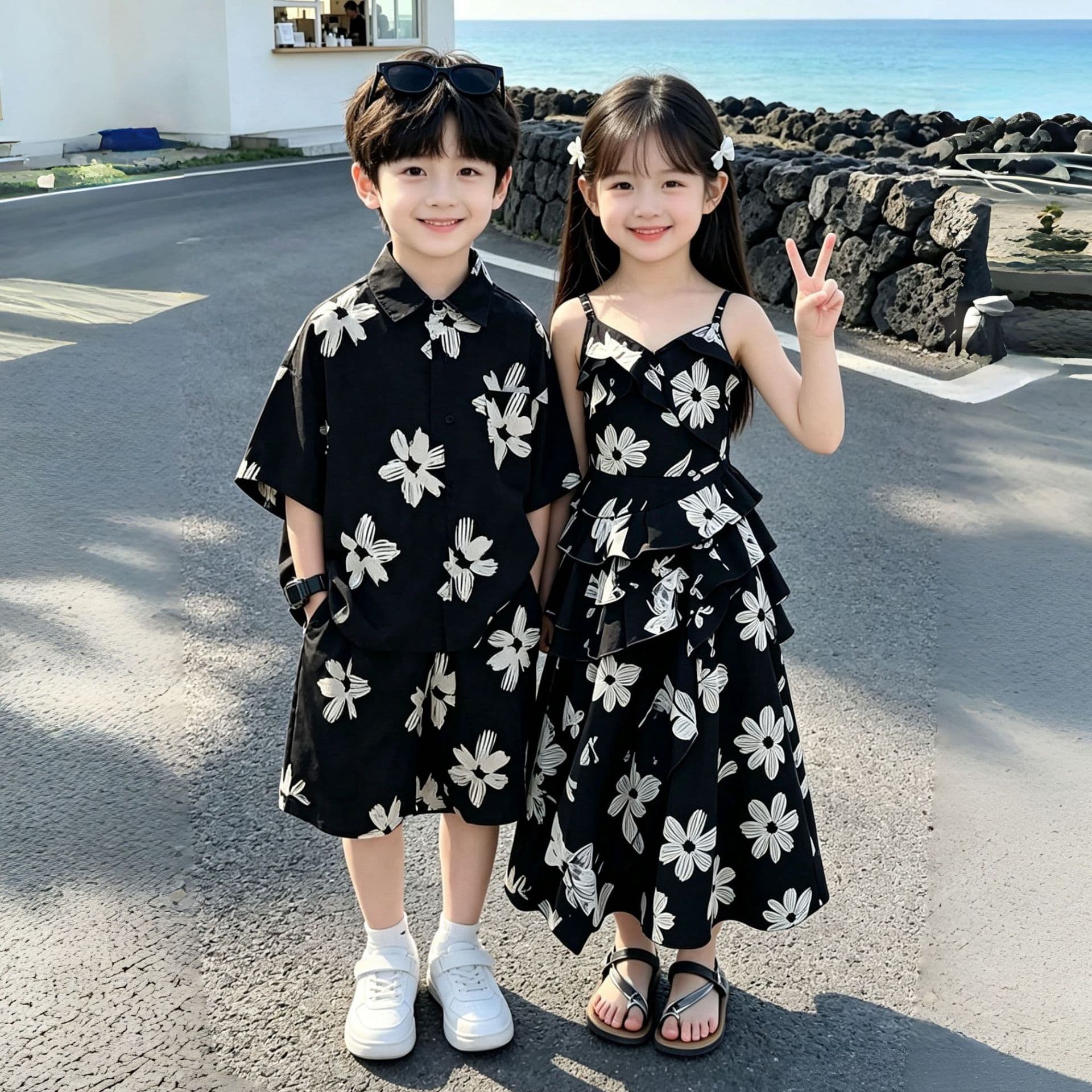 Siblings Kids Vacation Hong Kong Style Floral Shirt Set Summer 2026 New Baby Girl Beautiful Halter Beach Dress