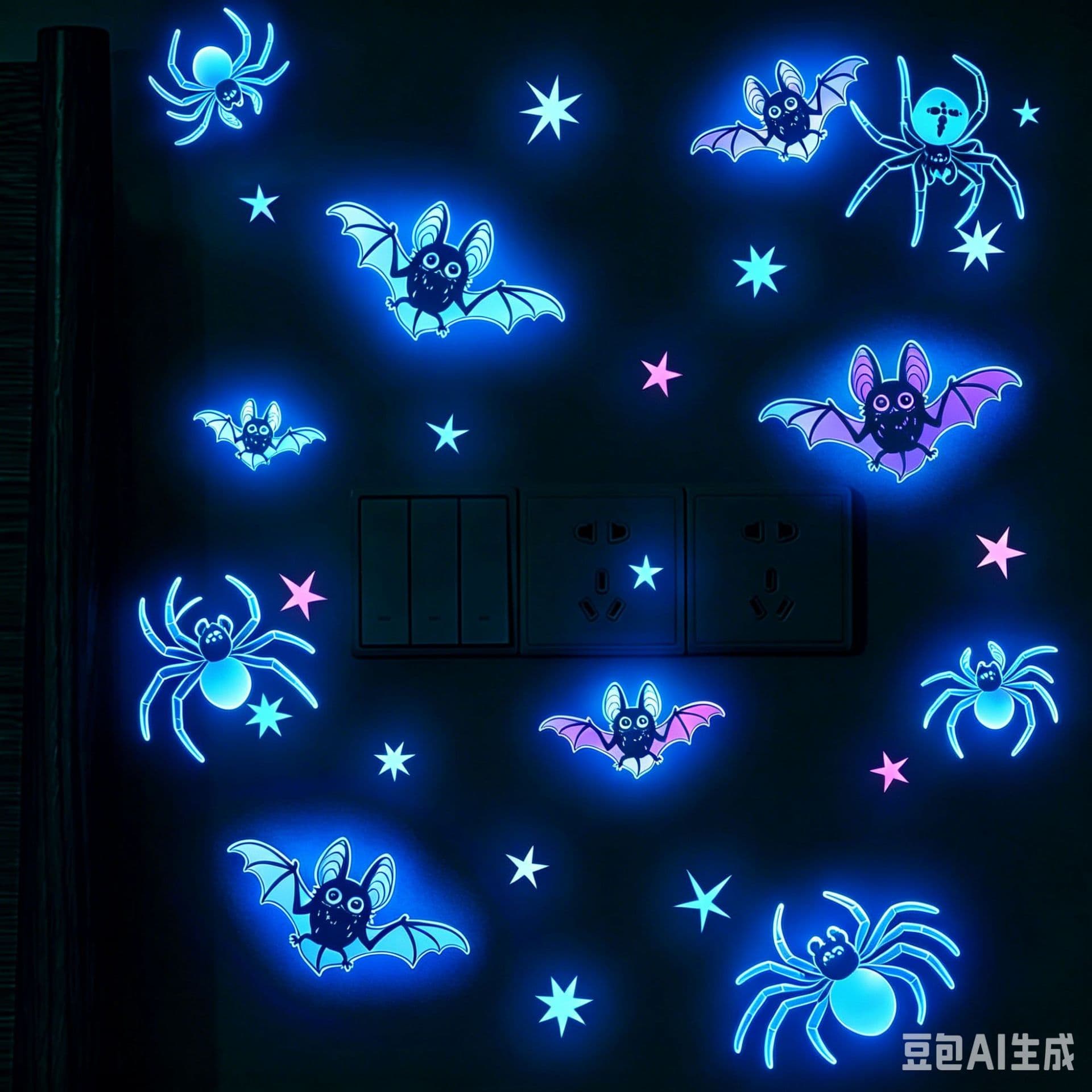 Bat and Spider Halloween Glow-in-the-Dark Blue/Green/Pink Wall Stickers for Kids Room, Bedroom, Kindergarten Fluorescent Decals