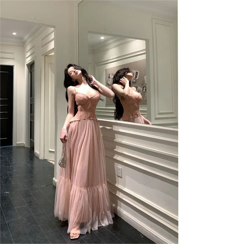Plus-Size High-Design Lace Trim Strappy Dress Spring New French Elegant Slimming Long Dress