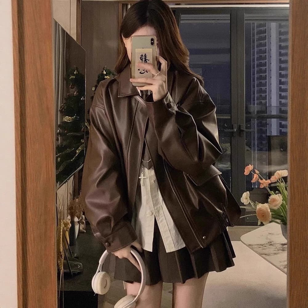 Small fragrance wind leather short coat young women's new autumn/winter American style petite leather jacket spring/autumn top