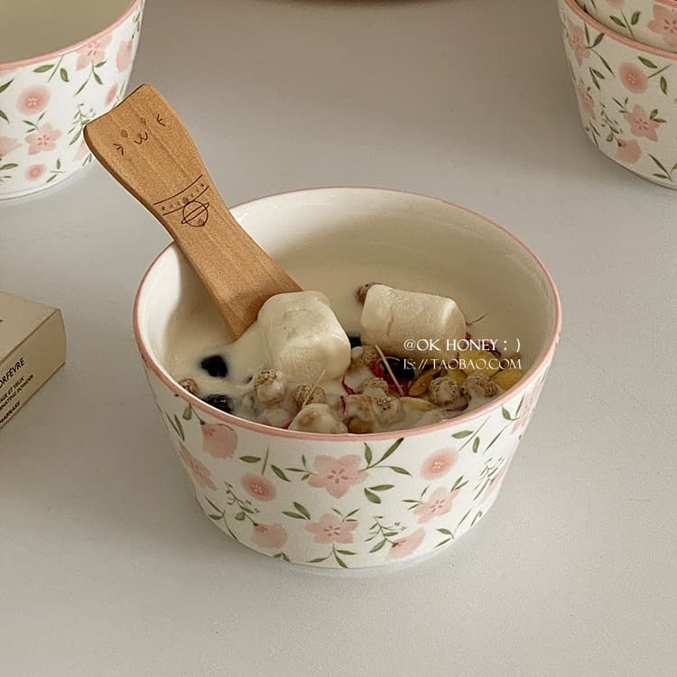 Gentle Pink Floral Ceramic Rice Bowl, Full of Korean-Style Girlish Charm, 4.5inch Bowl for Breakfast Yogurt and Oatmeal