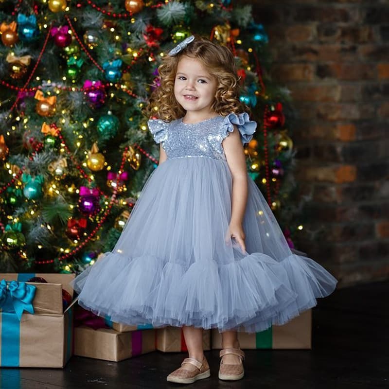Blue Flower Girl Dress Children's Gown Birthday Baby Princess Dress New Fairy Tutu Dress French Wedding Flower Girl Dress