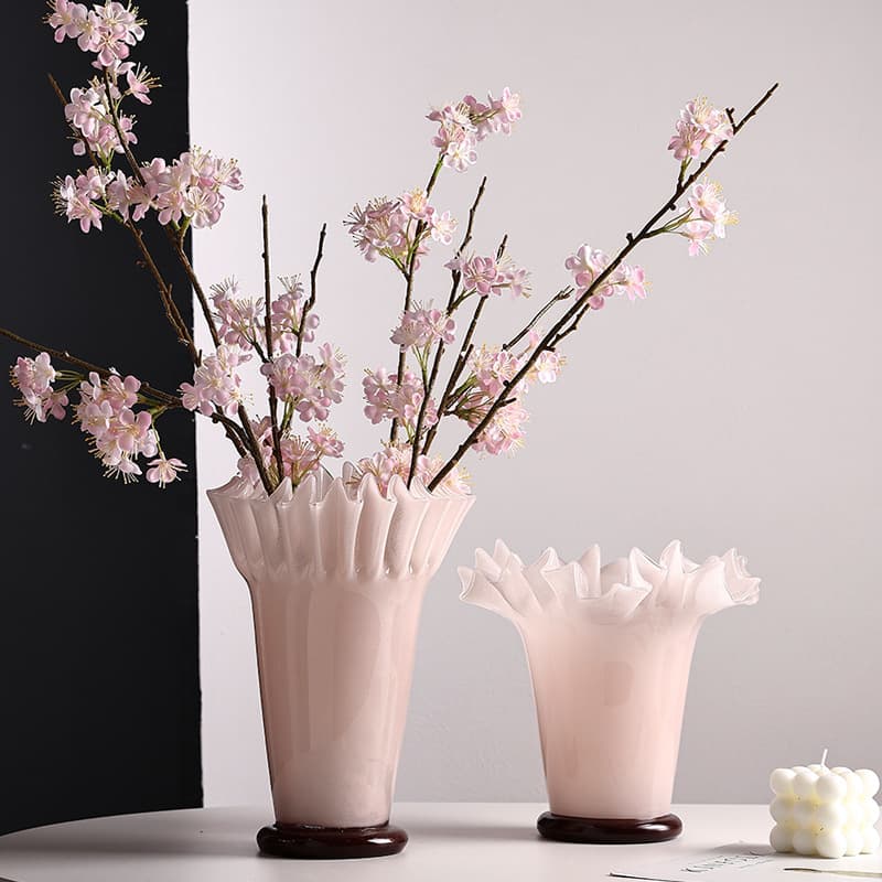 French-style Mid-century Glass Vase with Petal-shaped Rim and Ruffled Opening, Handcrafted Glass Vase for Home Living Room Decor, Hotel Showroom