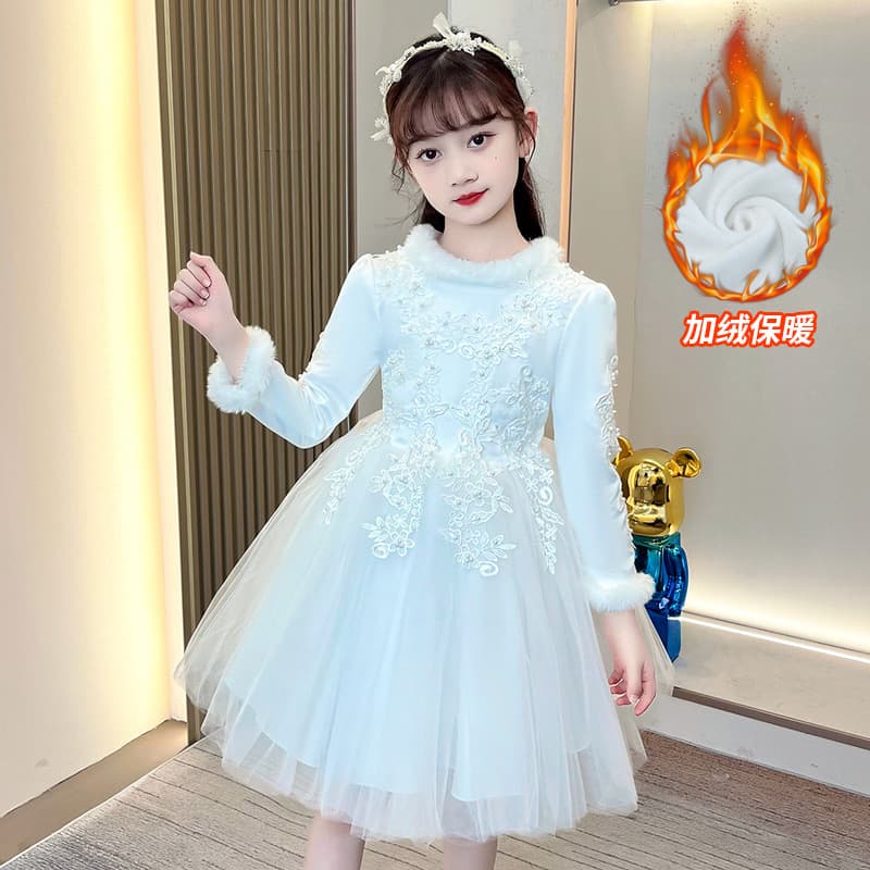 Girls Princess Dress Long Sleeve Fleece-Lined Fluffy Tutu Gown Birthday Wedding Dress Children Heavy Craft Dress