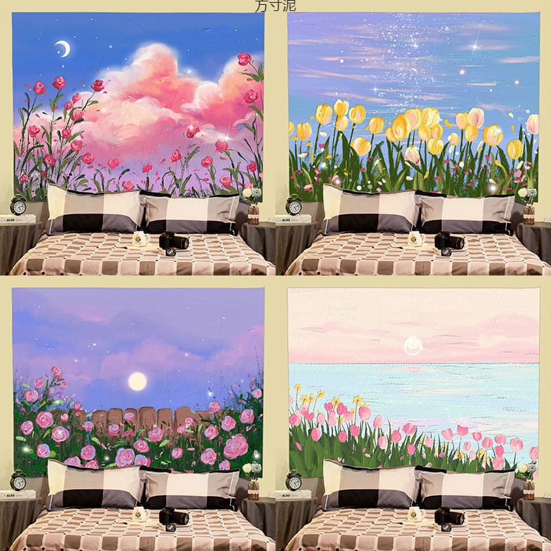 Oil painting backdrop fabric, ins-style hanging cloth wall covering, bedside hanging canvas art tapestry, vertical landscape bedroom large size