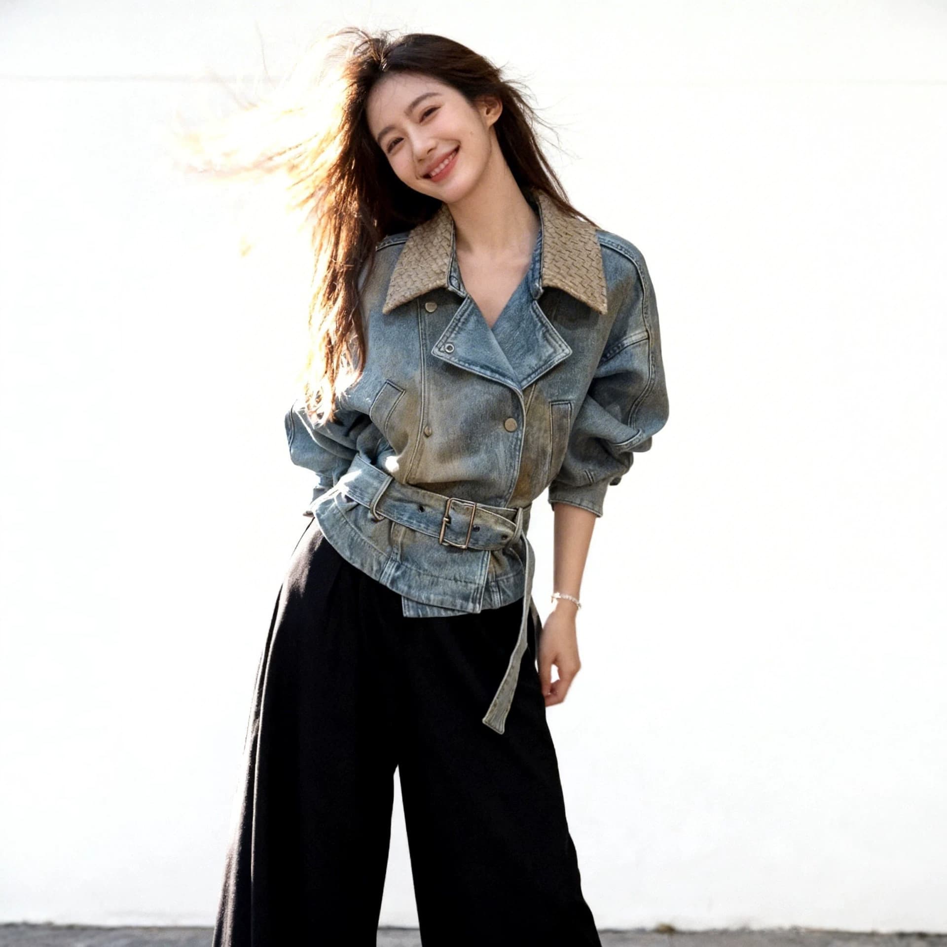 2026 Spring Niche Design Heavy Denim Jacket Women Woven Lapel Tie Waist Loose Versatile Top