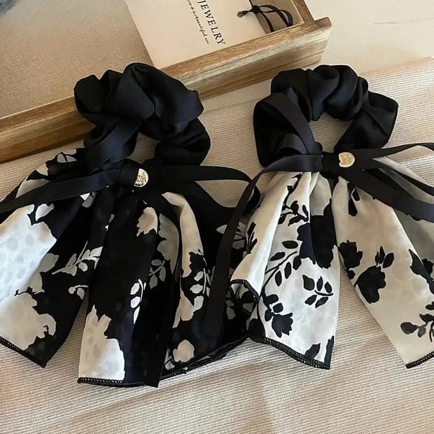 French retro black floral bow scrunchie hair tie for low ponytail women