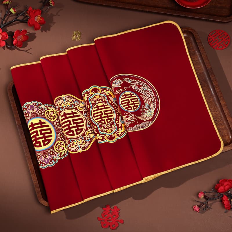 Wedding Handkerchief Red Square Cloth with Double Happiness Pattern, Bride's Dowry Heat Transfer Handkerchief, Complete Wedding Supplies