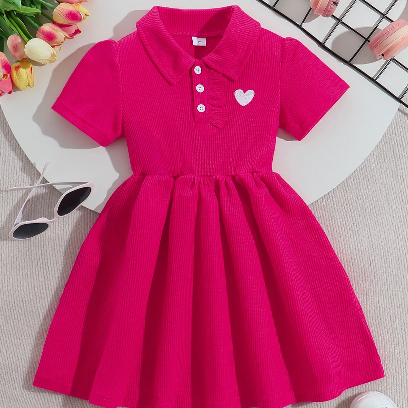 Summer Young Girls Elegant Dress with Lapel Button Decoration