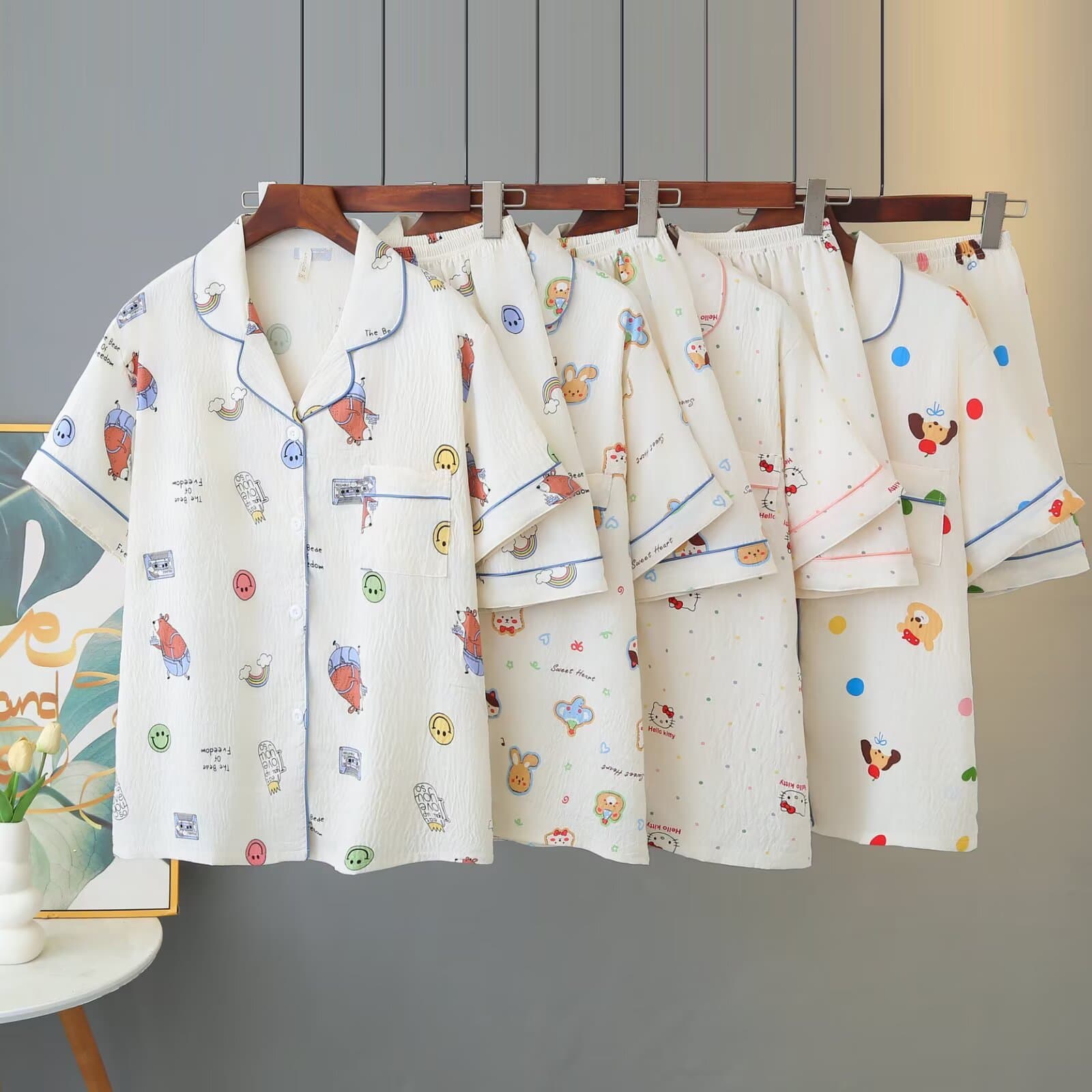 Large size sweet style fat mm gauze pajamas for women summer cartoon short-sleeved shorts home clothes suit can be worn outside 6086