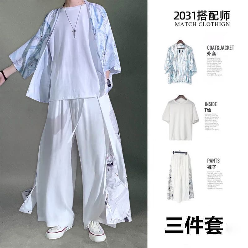 Three-Piece Daoist Robe Men's Chinese Fashion Trendy Set Full Hanfu Men Summer Tang Suit Ancient Style Costume