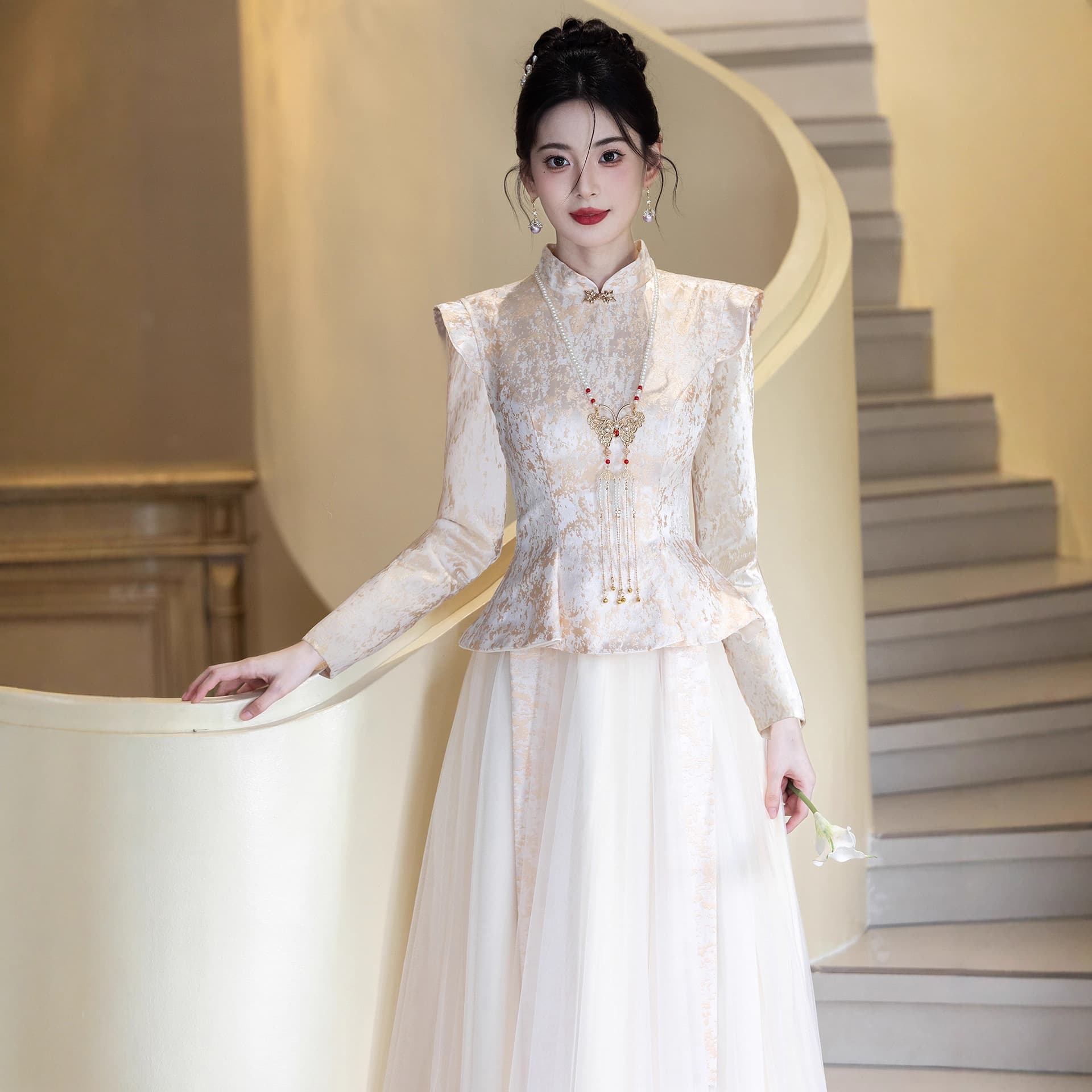 New Chinese style champagne toasting dress bride wedding engagement dress homecoming banquet casual summer long-sleeved dress suit