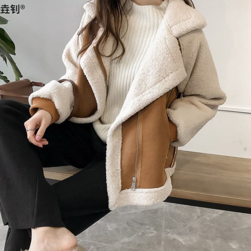 2025 Fall/Winter Trendy Motorcycle Style Jacket Faux Fur Coat for Women, Suede Short Motorcycle Jacket with Faux Fur Lining