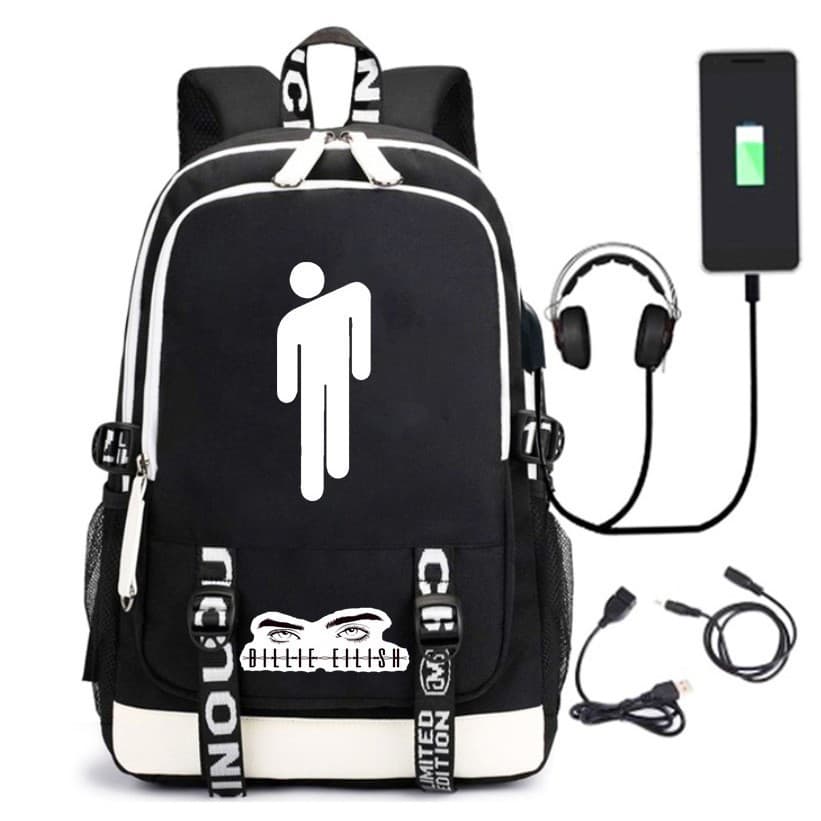 Billie Eilish Pattern USB Charging Backpack Student School Bag Outdoor Backpack
