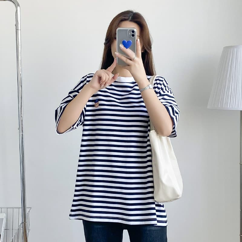 8573 Maternity Nursing Sleep Dress Summer Short Sleeve Loose Thin Striped T-Shirt Dress Postpartum Feeding Summer Clothes