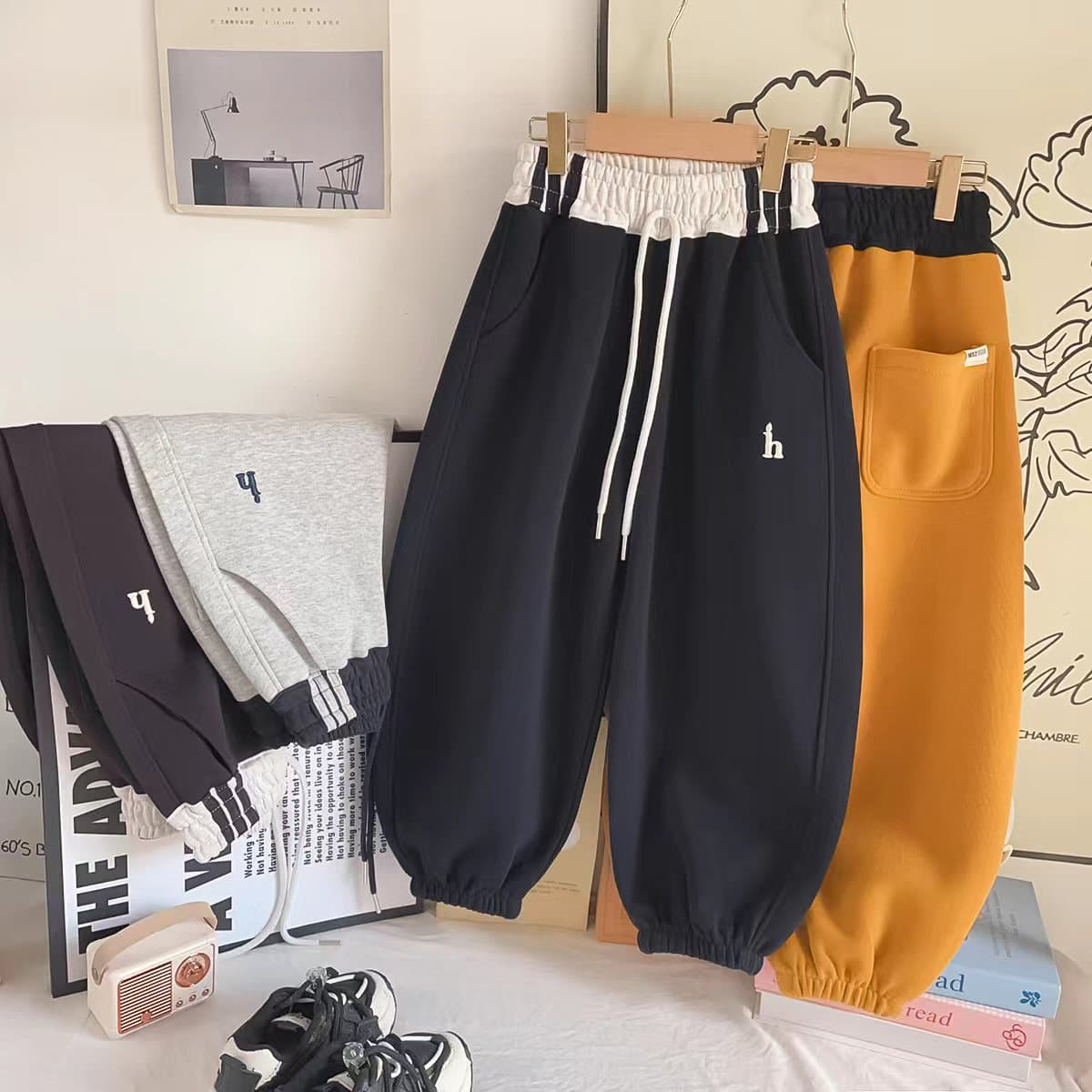 [Slim Fit] Light Autumn Unisex Children's Casual Loose Sports Curved Pants—Waist Drawstring Hemp Gray