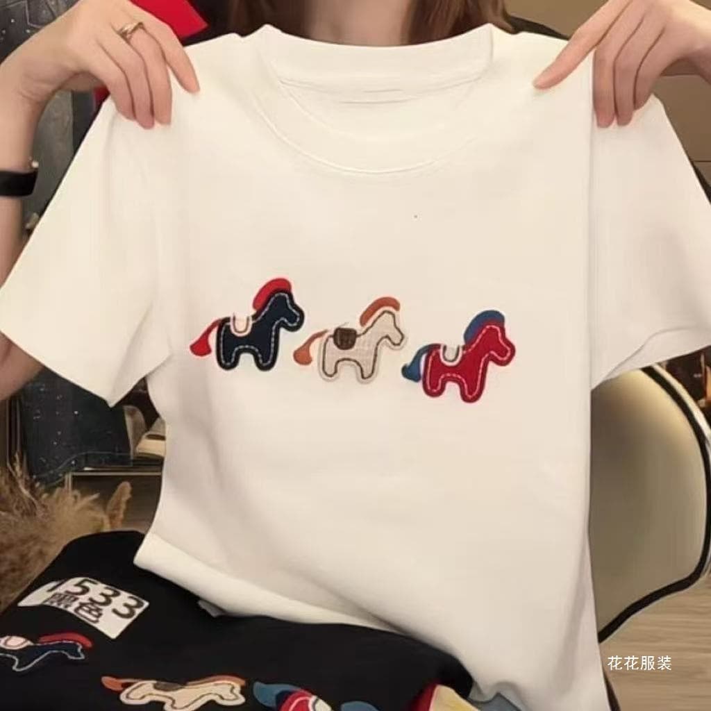 Pure cotton 2026 new round neck cartoon pony print short-sleeved shirt colorful trendy casual versatile bottoming shirt