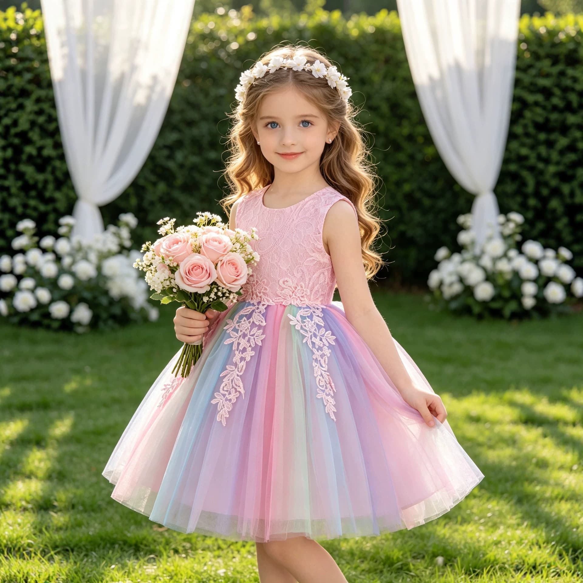Pink girl dress, stylish girl's birthday, rainbow princess dress, baby vest, tutu skirt, children's costume