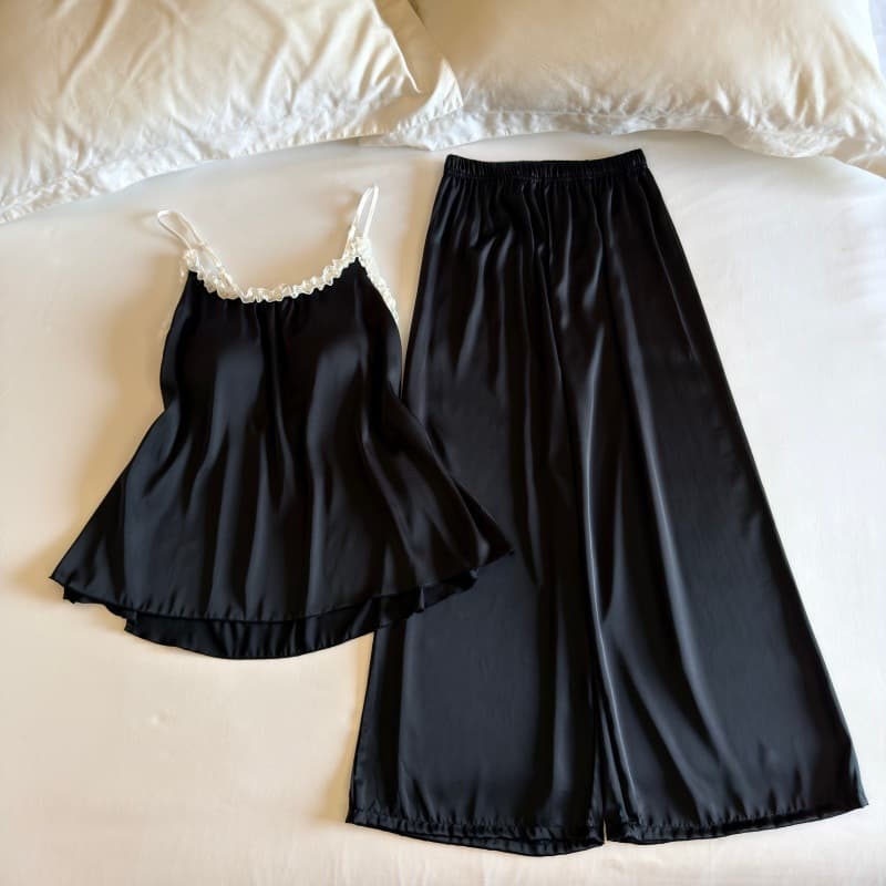 Women's Sexy Sweet Lace Trim Camisole Sleepwear Set with Padded Bra, Summer Ice Silk Thin Long Pants Homewear Set