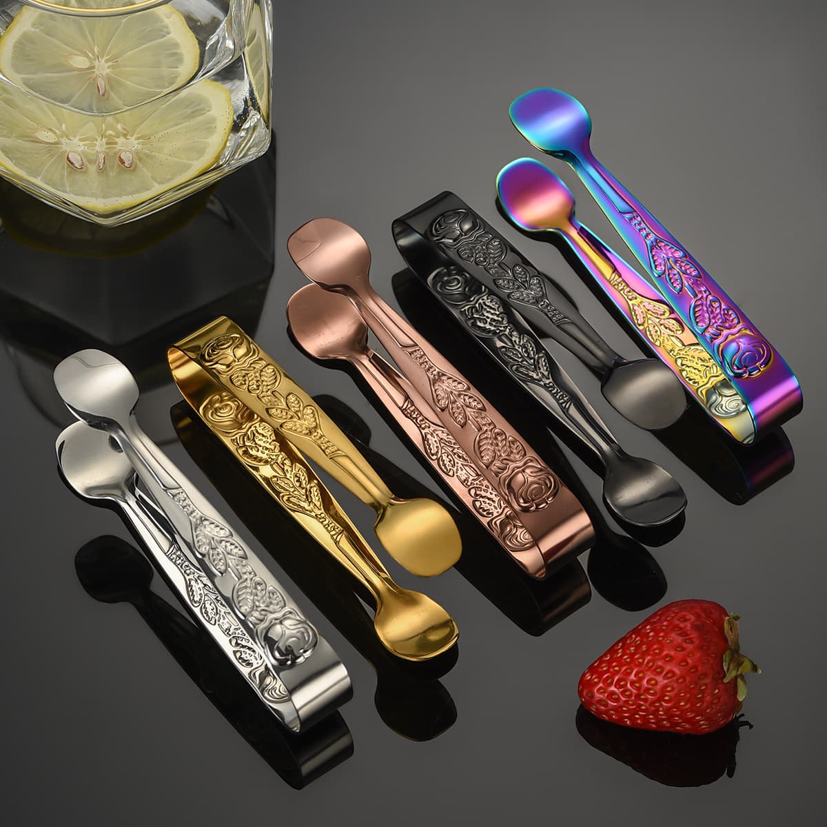 Cross-border 304 stainless steel cube sugar tongs, retro rose pattern ice bucket, ice cube tongs, lemon slice metal tweezers