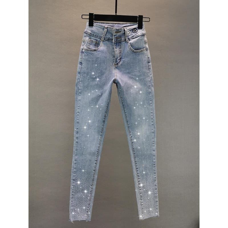 Jeans Women 2022 Spring Summer New European Style Stretchy Slim Heavy Rhinestone Skinny Pencil Pants