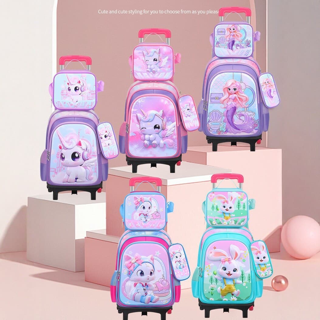 New Student Trolley Backpack 3-Piece Set Cartoon Unicorn Kids Anti-Gravity Spine-Protecting Large-Capacity Shoulder Bag for Boys