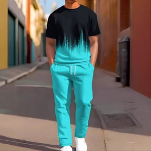 New Men's Cross-Border Summer-Fall Casual Sport Short Sleeve and Long Pants Printed Two-Piece Set