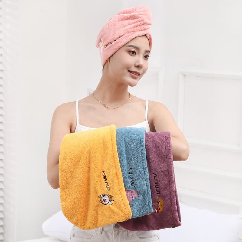 Coral fleece thickened quick-dry hair towel, cartoon embroidery absorbent triangle cap for women, bath cap absorbent hair drying towel manufacturer wholesale.