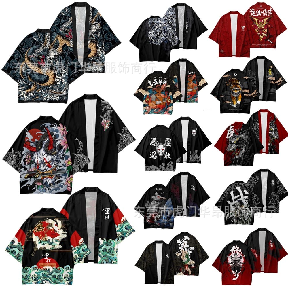 2023 New Chinese Trend National Style Harajuku Retro Cardigan Kimono Japanese Hyakki Yagyo Asura Haori Cloak for Men