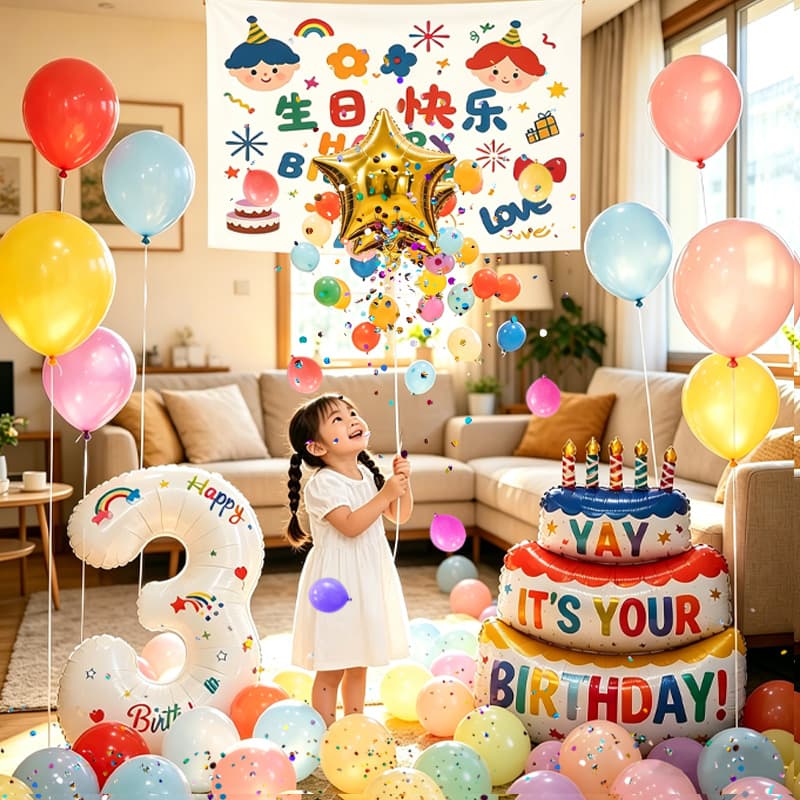 Birthday Scene Decoration Set for 1-Year-Old Boy, 2-Year-Old Girl, 3-Year-Old Baby, with Hanging Cloth, Trendy Balloon String, Rain Curtain Waterfall