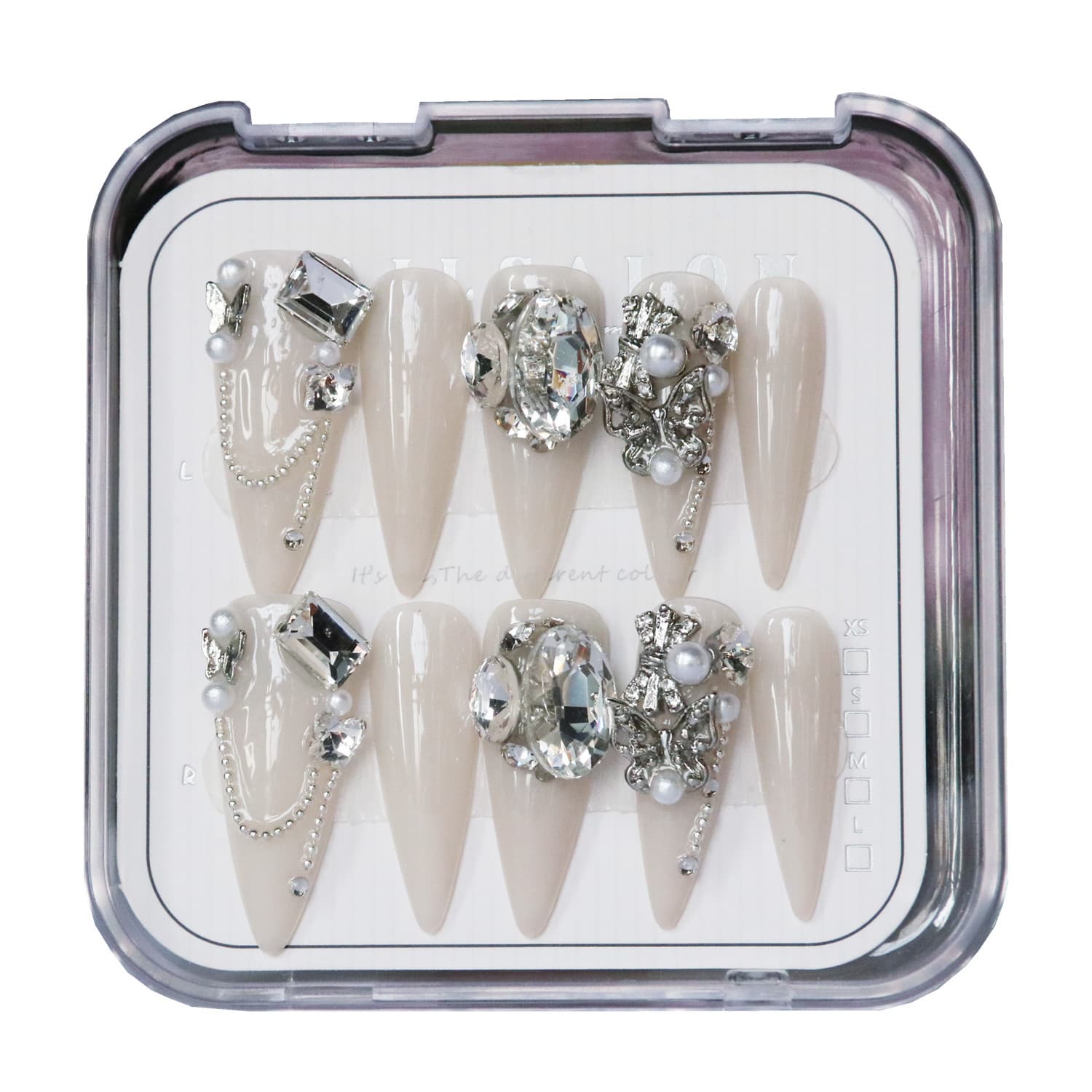 Handmade Wearable Nails Cross-Border European and American New Style Pointed Almond Nails Rice White Full Diamond False Nails Removable Nail Art
