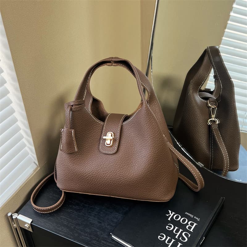 2026 New Style Elegant and Fashionable Versatile Simple High-End Single-Shoulder Crossbody Handbag Bucket Bag Leather Korean Version