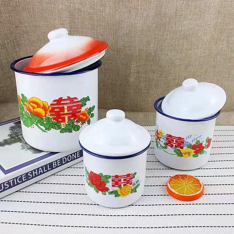 Special Wedding Candy Box Flower Lid Enamel Cup with Waistband and Lid, Vintage Tea Mug, Retro Chinese Style Enamel Mug