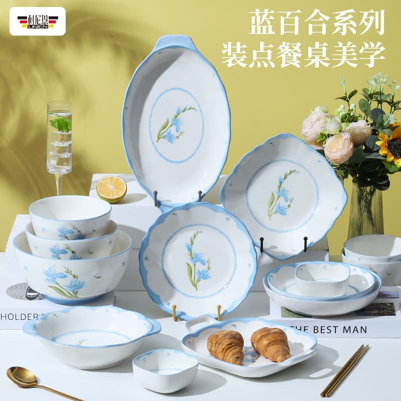 Underglaze Blue Lily Ceramic Tableware Set - Hotel and Home Use - High-Value Tableware - Factory Direct Supply