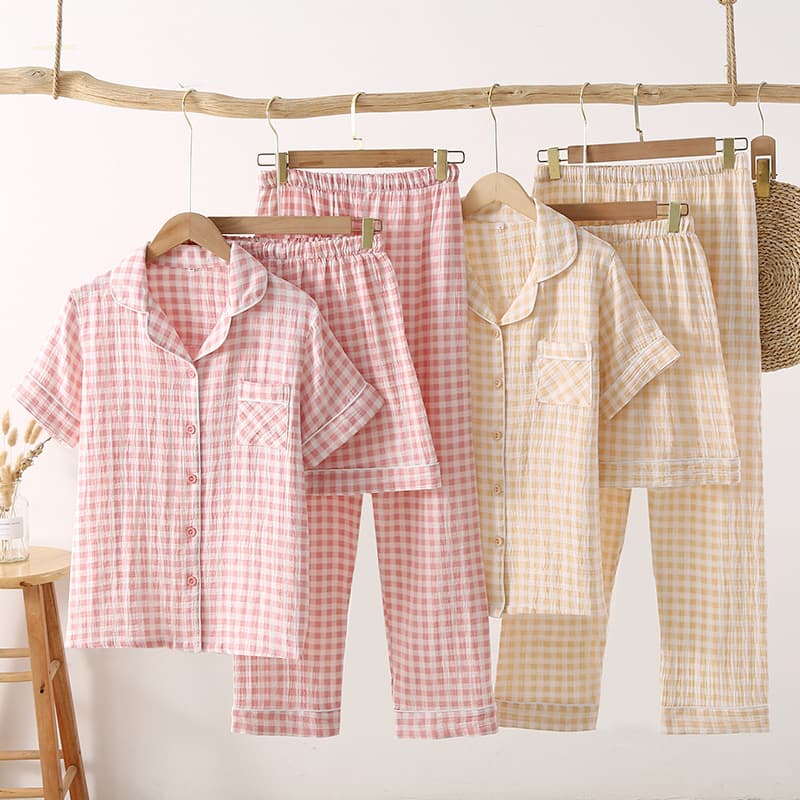 Women's Summer Gauze Three-Piece Pajama Set, Simple Japanese Style Plaid, Spring and Autumn Pure Cotton Double Layer Gauze Home Pants, All-Cotton Long Pants