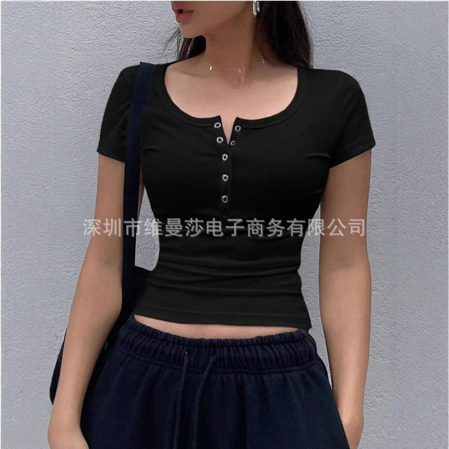 2025 In Stock Chic Retro U-Neck Square Shoulder Fitted T-Shirt Tight Hot Girl Short Sleeve Bodycon Crop Top Show Collarbone