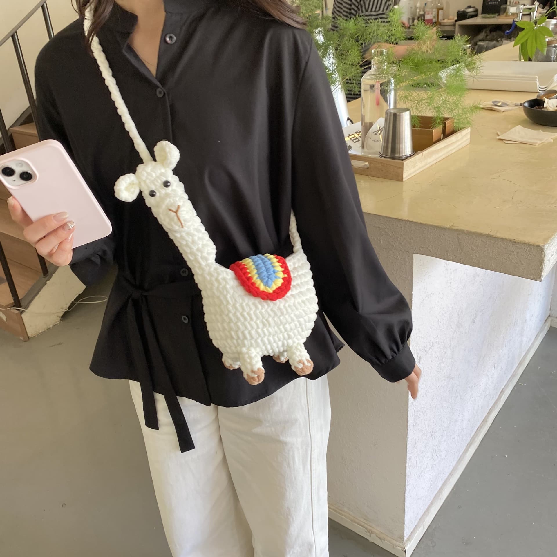Finished crocheted bag doll handmade yarn animal knitted bag cute crossbody bag white alpaca shoulder bag