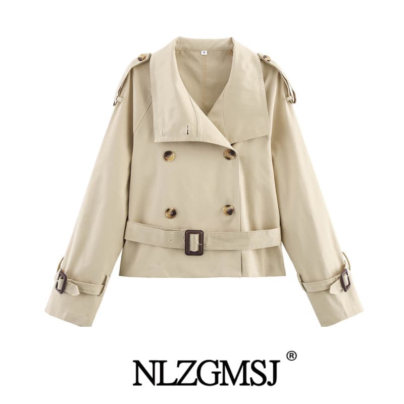 2025 Spring New Women's Clothing European and American Style Fashion Versatile Waist Buckle Short Trench Coat