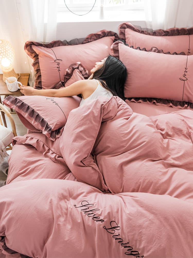 Princess Fengshui Washed Cotton Bedding 4-Piece Set, Viral Bed Sheet and Pillowcase 3-Piece Set, Pink Lace Bedding Fitted Sheet