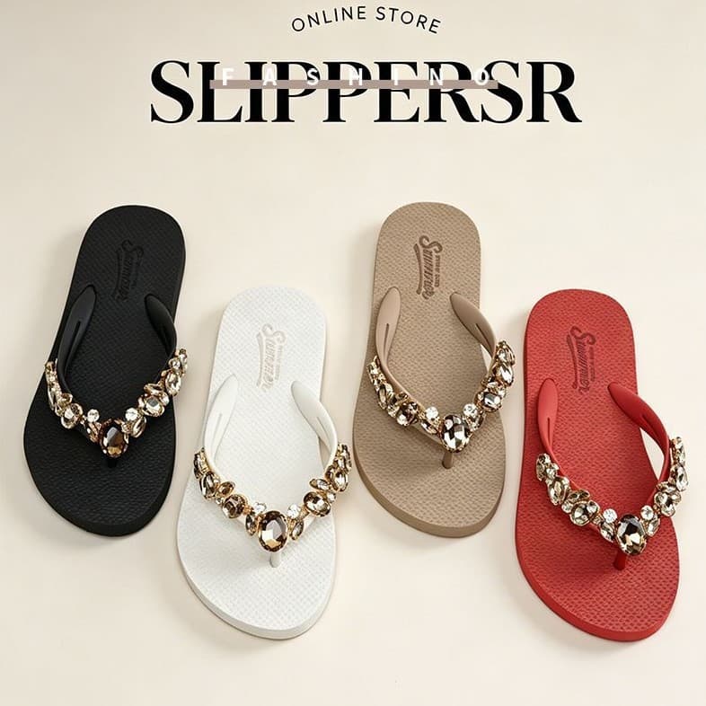 Crystal Rhinestone Flip Flops for Women Summer Wedge Anti-Slip Toe Separator Versatile Black White Red Multi-Color Outdoor Beach Vacation Sandals