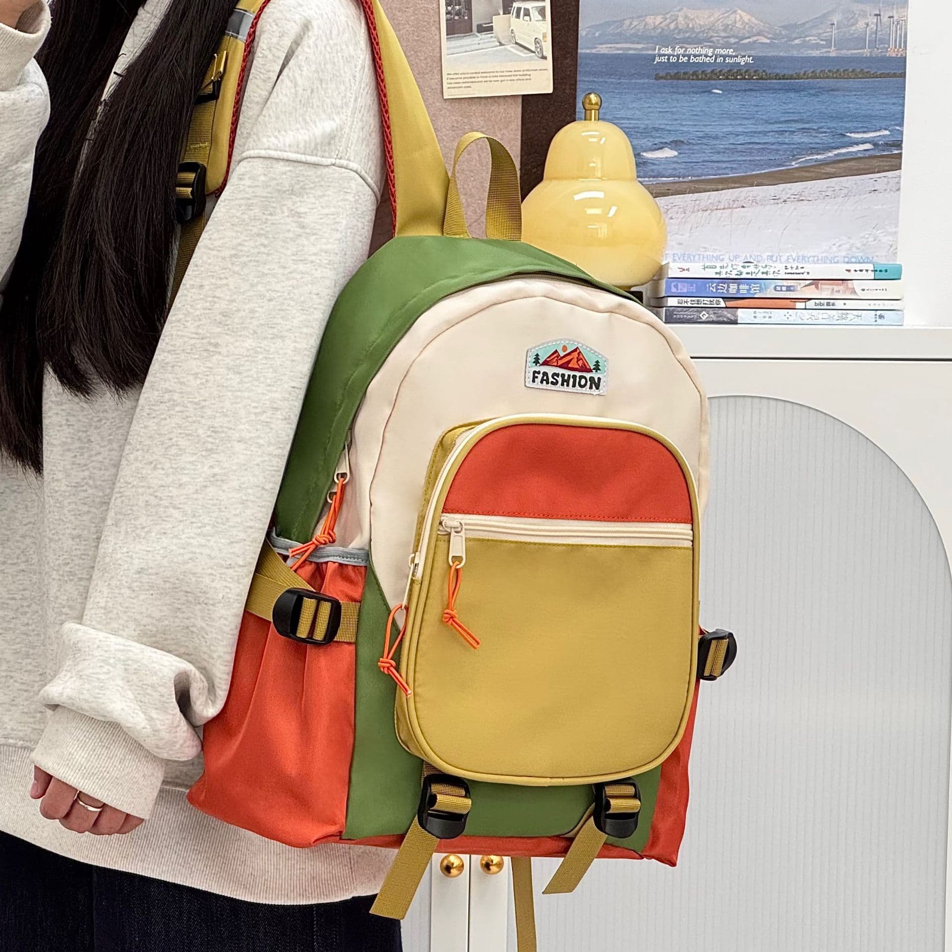 New Ins-Style College Color-Block Backpack, Kindergarten School Bag, Spring Outing Bag for Boys and Girls, Simple and Lightweight Backpack