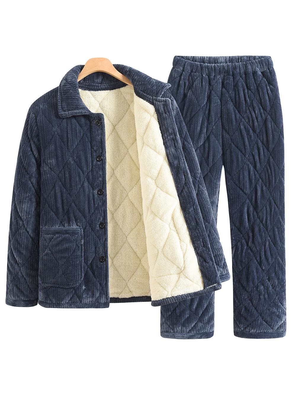 Men's winter fleece and extra thickness cotton jacket and pants homewear set, cotton workwear dark gray set flat fleece.
