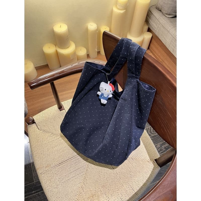Original Navy Blue Dot Shoulder Bag for Female Students, Korean Style Canvas Bag, Versatile Large-Capacity Handbag, Lazy Tote Bag