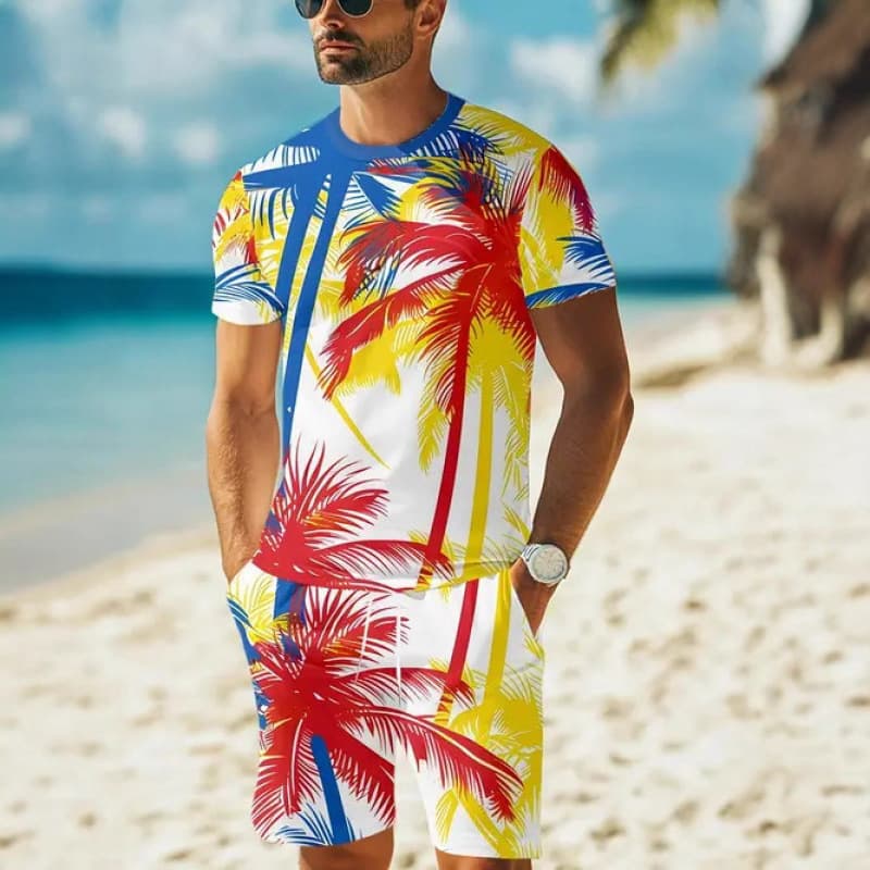 Cross-border European and American Fashion Vacation Style Men's T-Shirt and Shorts Two-Piece Set Summer New 3D Print