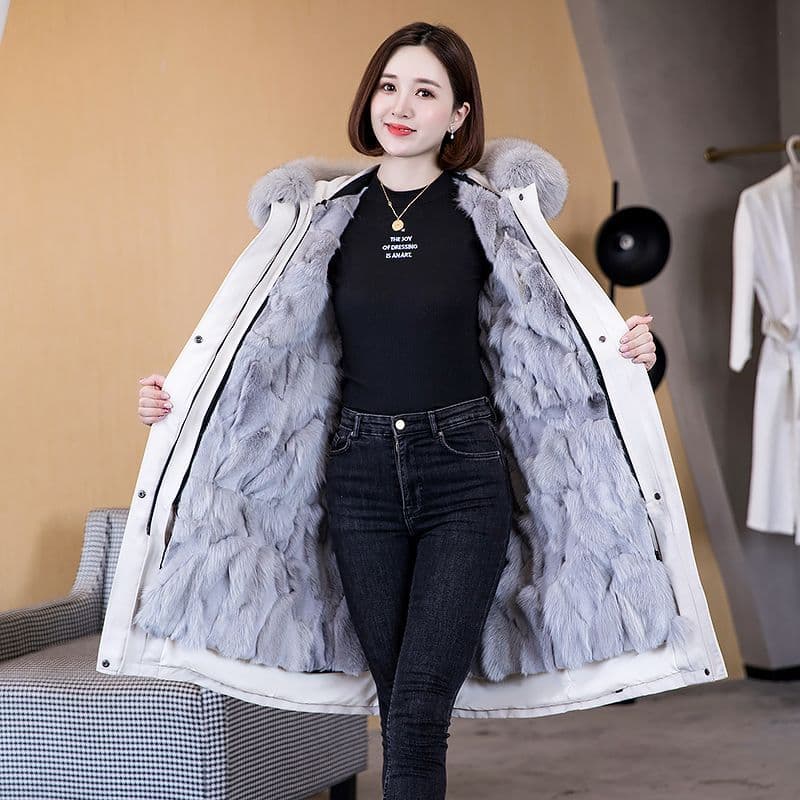High-End Fox Fur Parka for Women with Removable Lining, Winter Outerwear with Big Fur Collar, Mid-Length Fur Coat